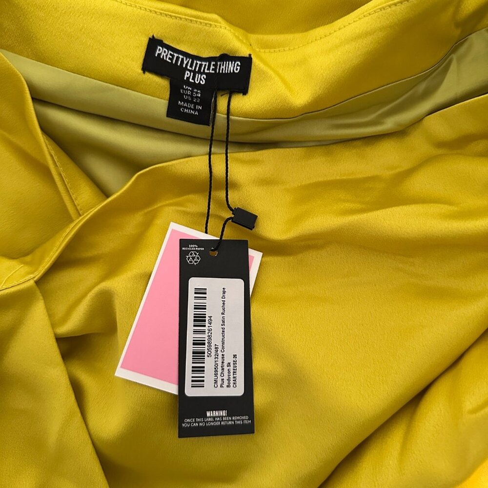 PrettyLittleThing Chartreuse Contrsucted Satin Ruched Drape Bodycon Skirt US 22 - Picture 5 of 12